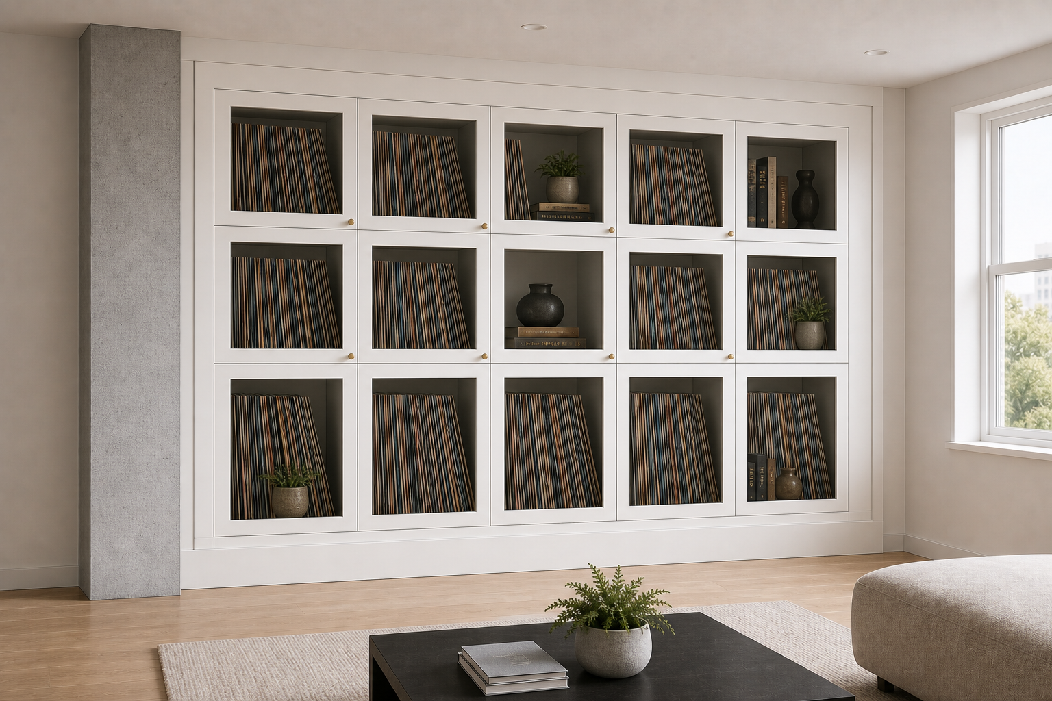 Photorealistic mockup of Option B with five centered stacked-door BESTA columns and balanced side fillers