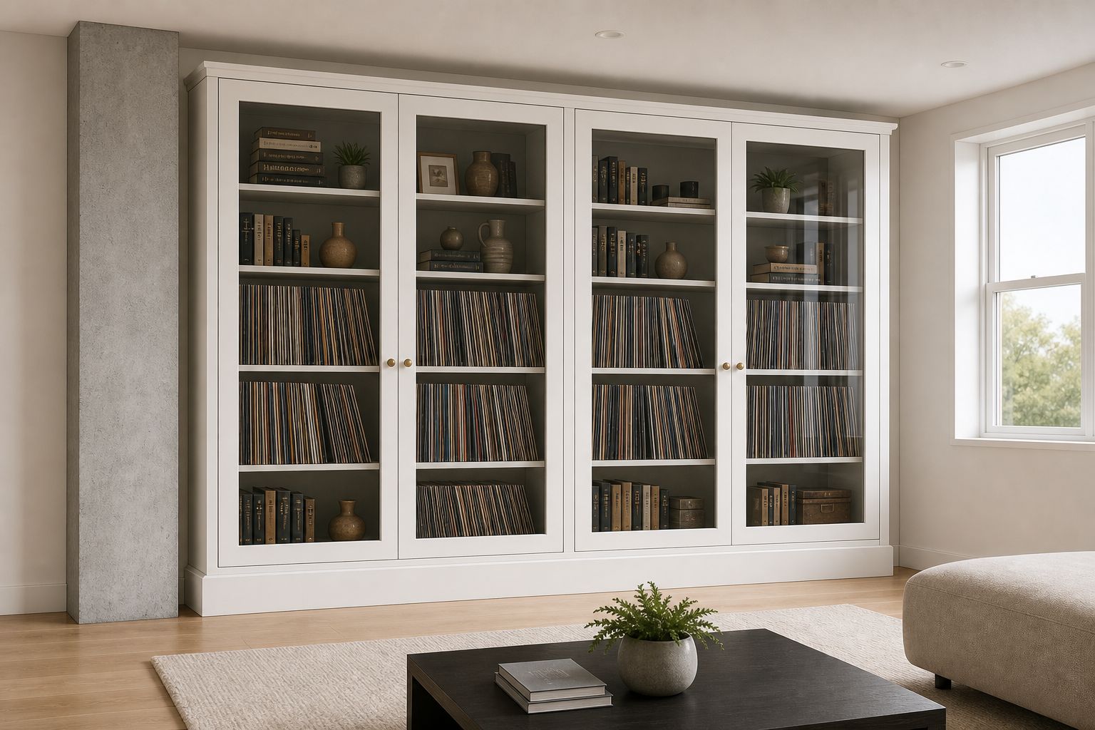 Photorealistic mockup of Option D with two wide glass cabinets projecting past the pillar