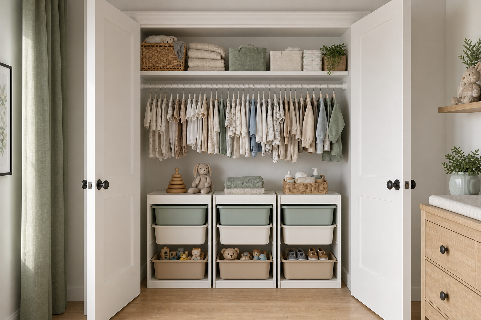 Photorealistic mockup of the nursery closet with solid white shaker-style French doors and three low TROFAST-style bin units under the existing clothes rod