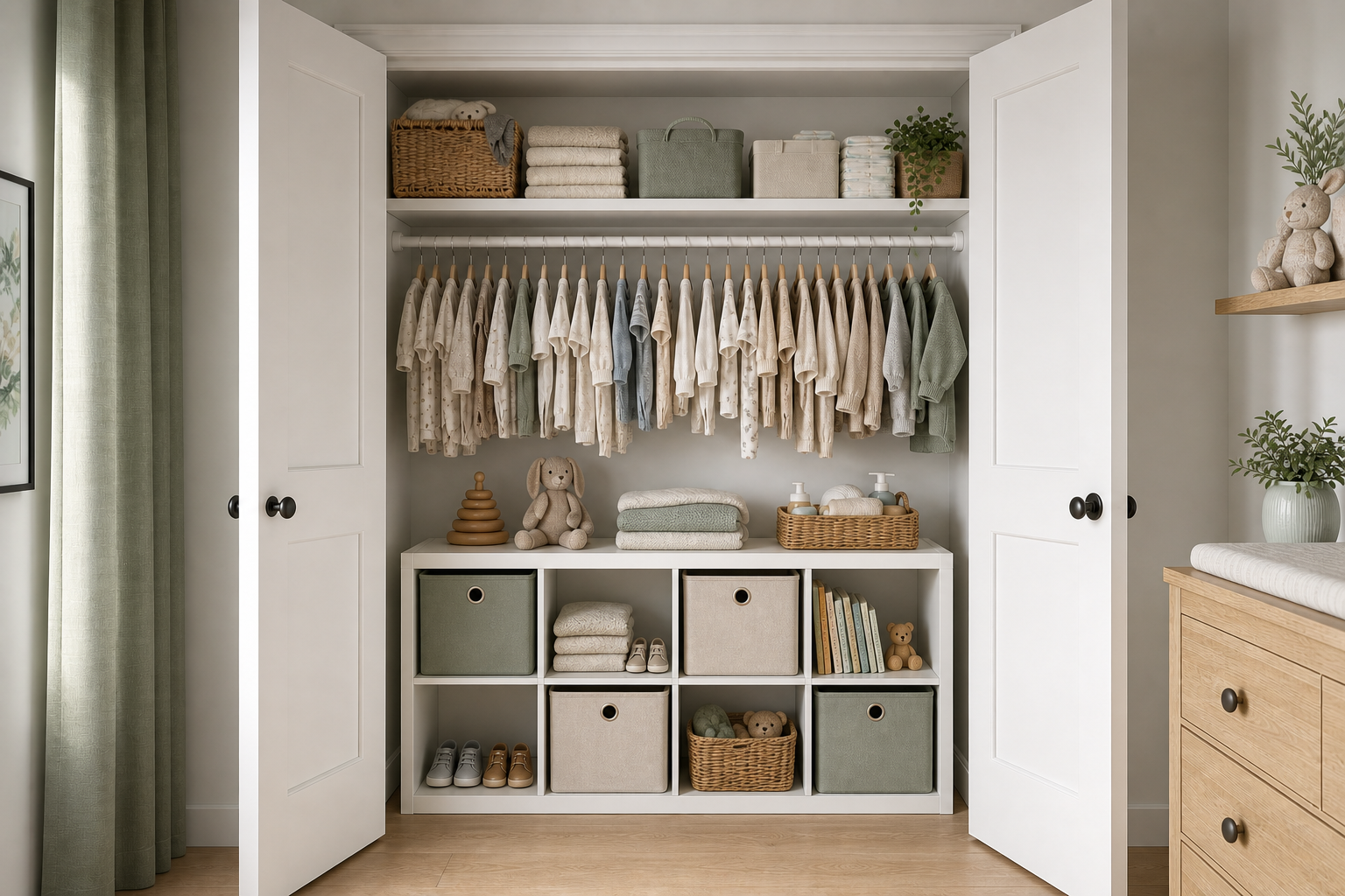 Photorealistic mockup of the nursery closet with solid white shaker-style French doors and a horizontal white KALLAX 2x4 cubby unit under the existing clothes rod