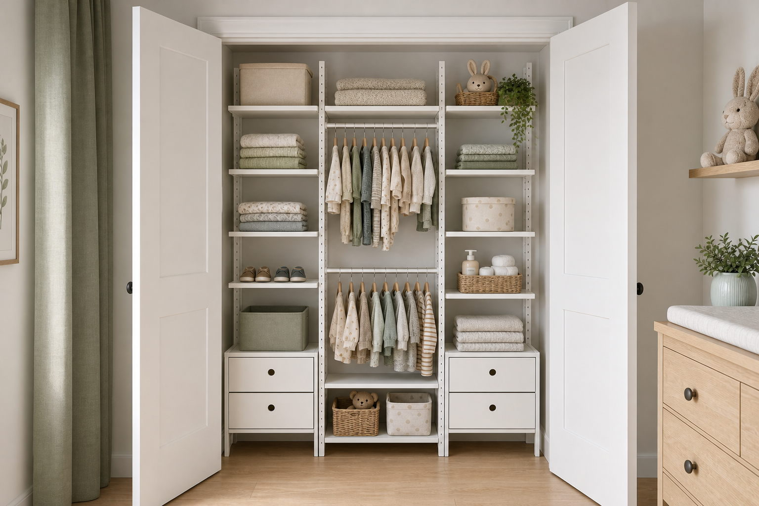Photorealistic mockup of the nursery closet with solid white shaker-style French doors and a white adjustable AURDAL-style closet system
