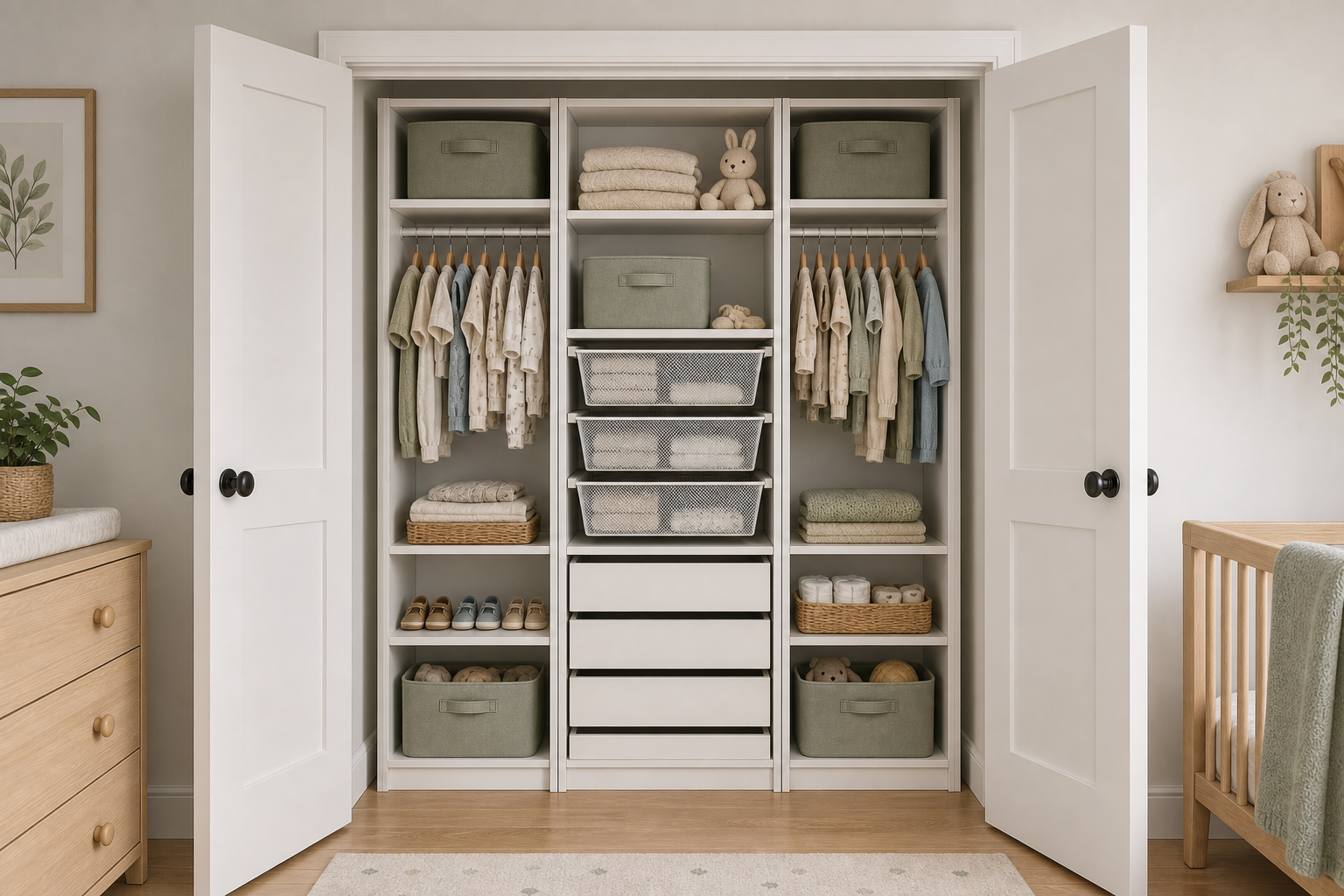 Photorealistic mockup of the nursery closet with solid white shaker-style French doors and three narrow deep PAX-style open wardrobe frames