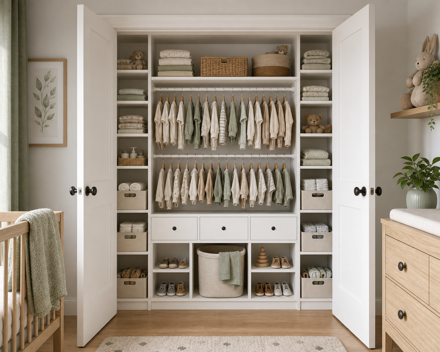 Photorealistic mockup of the nursery closet with solid white shaker-style French doors and a custom white built-in closet system