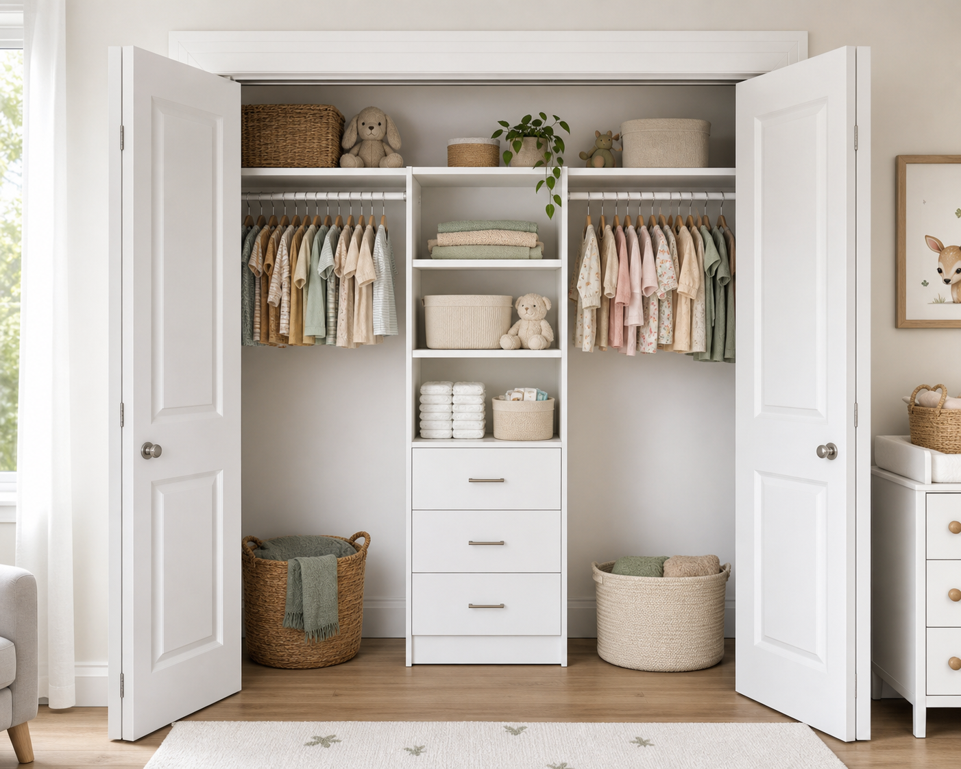 Photorealistic mockup of the nursery closet with solid white shaker-style French doors, a centered white ClosetMaid-style drawer tower, and short hanging zones on both sides