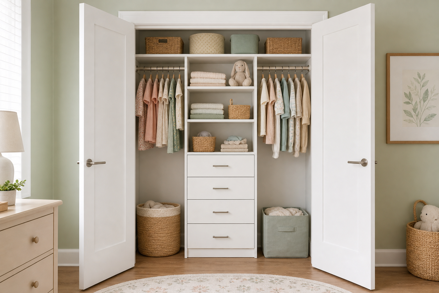 Nursery closet mockup with solid white shaker-style doors, centered white drawer tower, shelves, and hanging rods for children's clothes