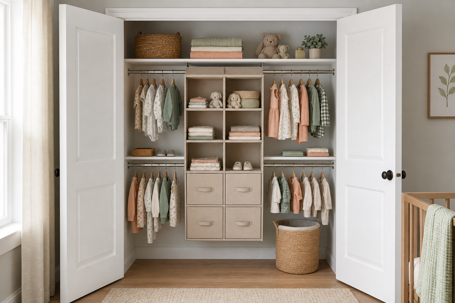 Photorealistic mockup of the nursery closet with solid white shaker-style French doors and a centered fabric hanging organizer with drawers under the existing shelf and rod